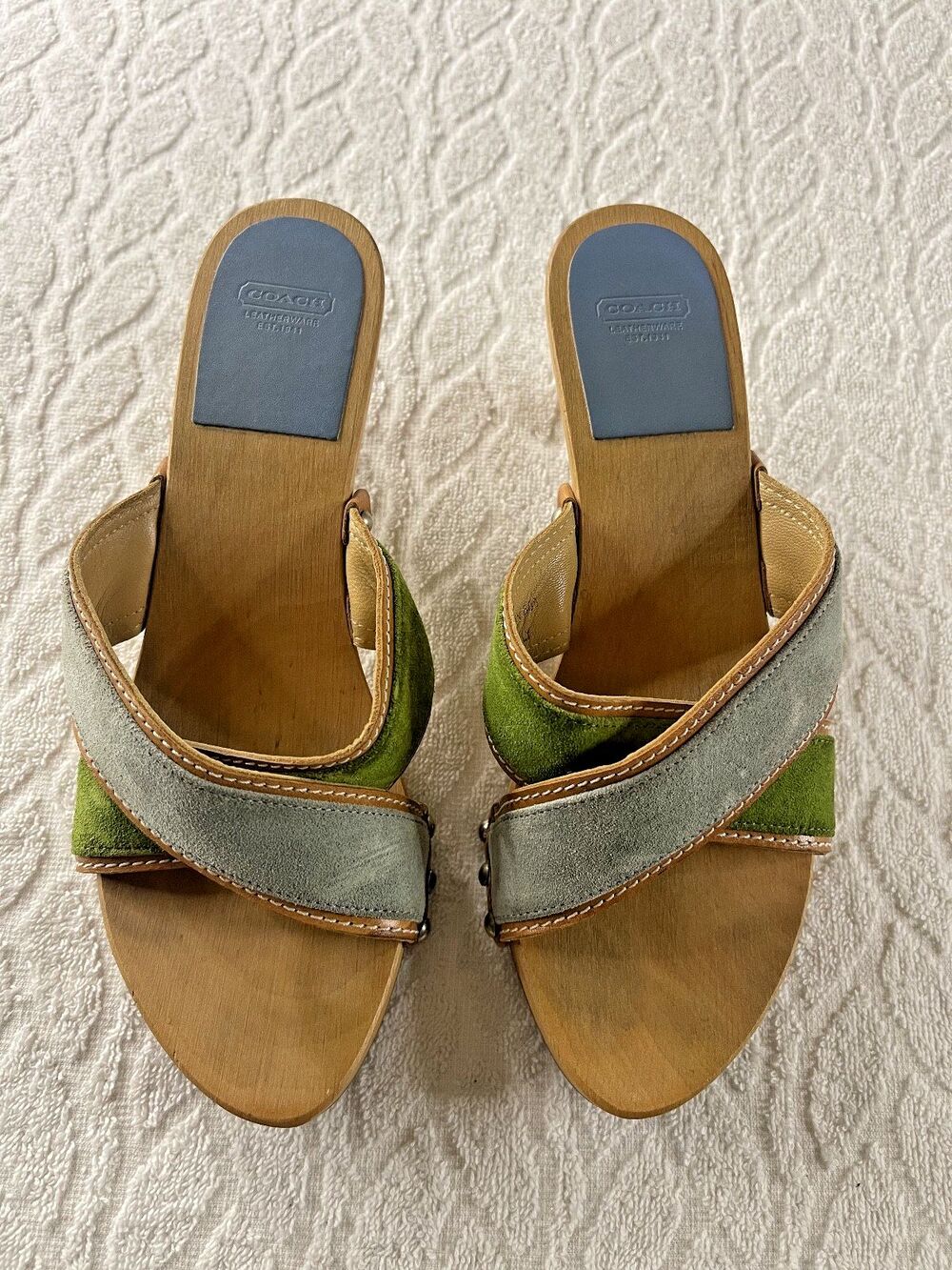 COACH Sz 6  WOMEN'S VINTAGE Y2K  WOODEN SANDALS  SUEDE & LEATHER CROSS-STRAPS